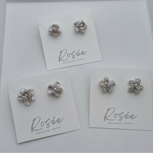 E329 S925 Handmade Flower Petal Freshwater Pearl Flower Studs Earrings